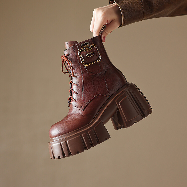 Women's Chunky Heel Martin Boots with Buckle Detail - Style g.html - Image 4