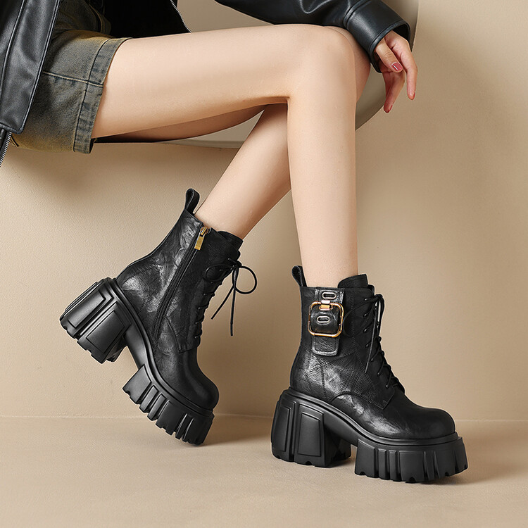 Women's Chunky Heel Martin Boots with Buckle Detail - Style g.html - Image 3