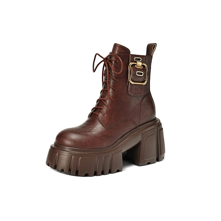 Women's Chunky Heel Martin Boots with Buckle Detail - Style g.html - Image 5