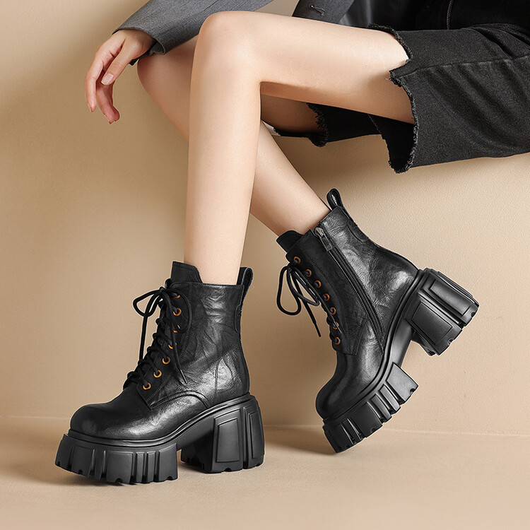 Women's Chunky Heel Martin Boots with Side Zipper - Image 4