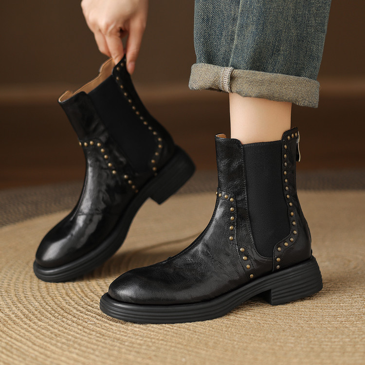 Women's Leather Martin Boots Low Chunky Heel Metal Rivet Mid Calf