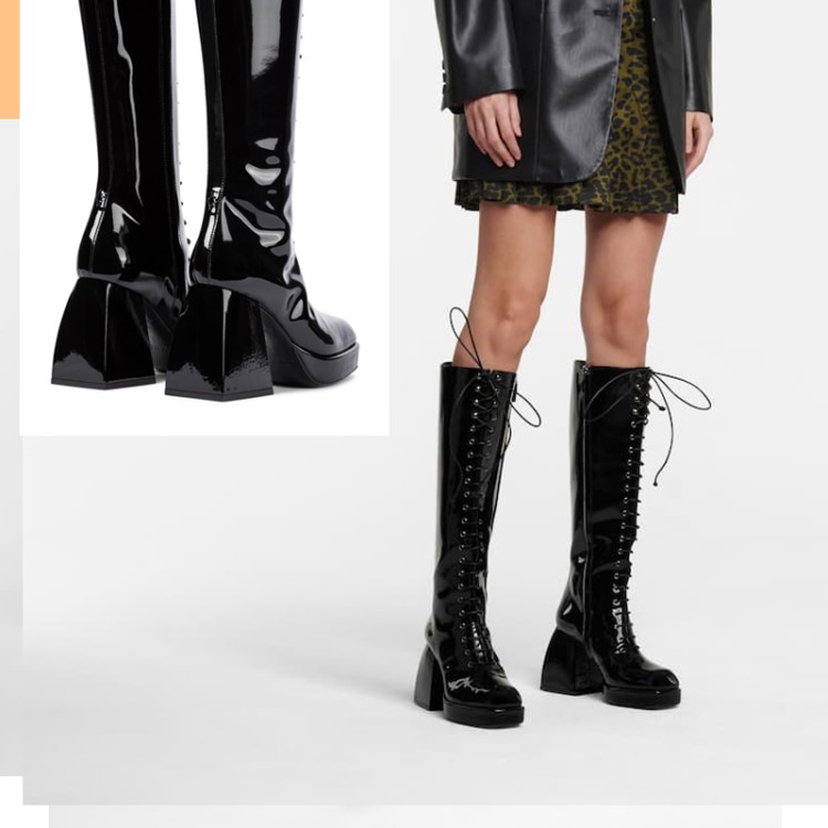 Women's High Shaft Square Toe Patent Mid Heel Fashion Boots