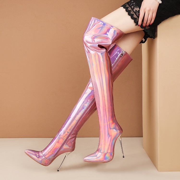 Women's Laser Pointed Toe High Heel Stiletto Long Fashion Boots