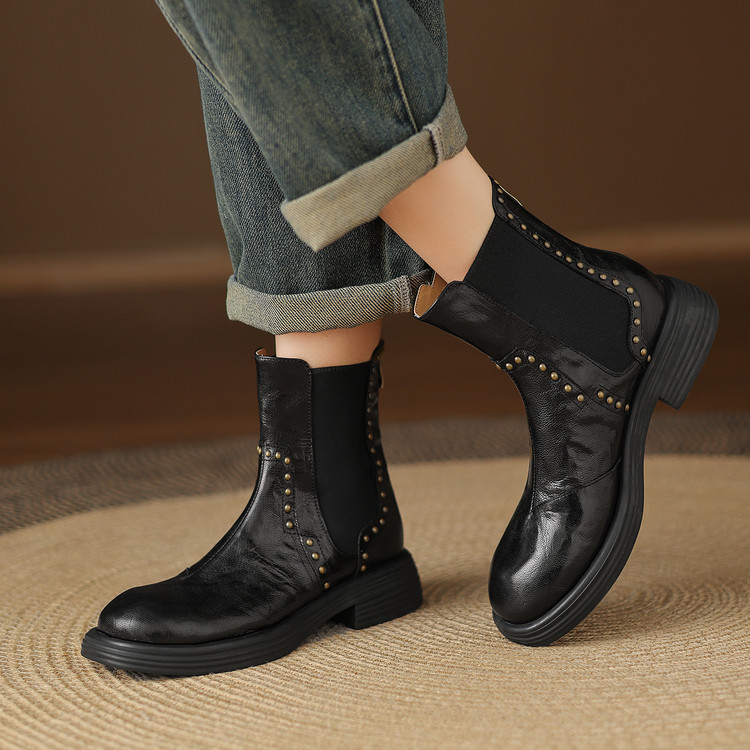 Women's Leather Martin Boots Low Chunky Heel Metal Rivet Mid Calf - Image 2