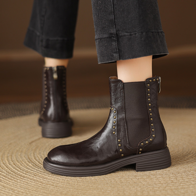 Women's Leather Martin Boots Low Chunky Heel Metal Rivet Mid Calf - Image 3