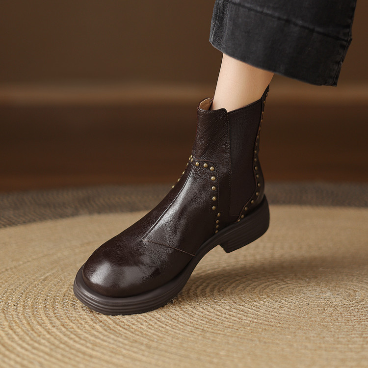 Women's Leather Martin Boots Low Chunky Heel Metal Rivet Mid Calf - Image 4