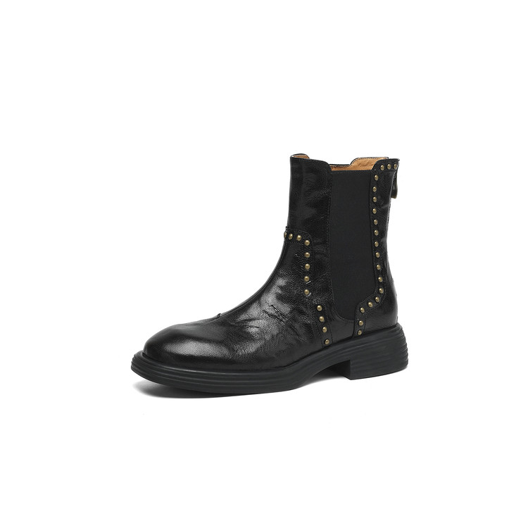 Women's Leather Martin Boots Low Chunky Heel Metal Rivet Mid Calf - Image 5