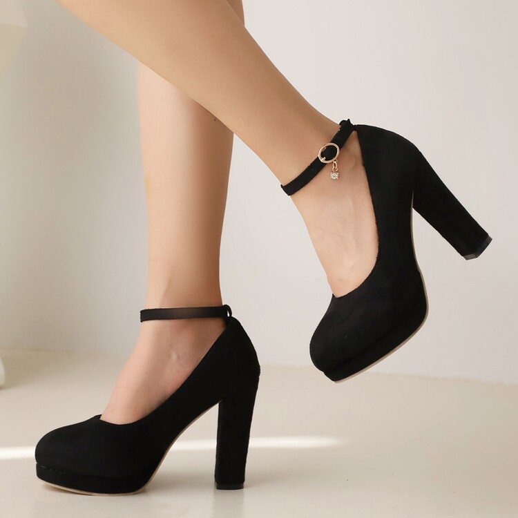 Women's Mary Jane High Heel Shoes Suede Rubber Sole Blue Black