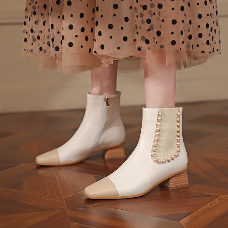 Women's Mid-Calf Fashion Boots with Square Toe and Pearl Color Block