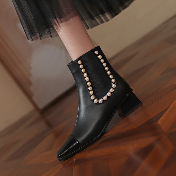 Women's Mid-Calf Fashion Boots with Square Toe and Pearl Color Block - Image 2