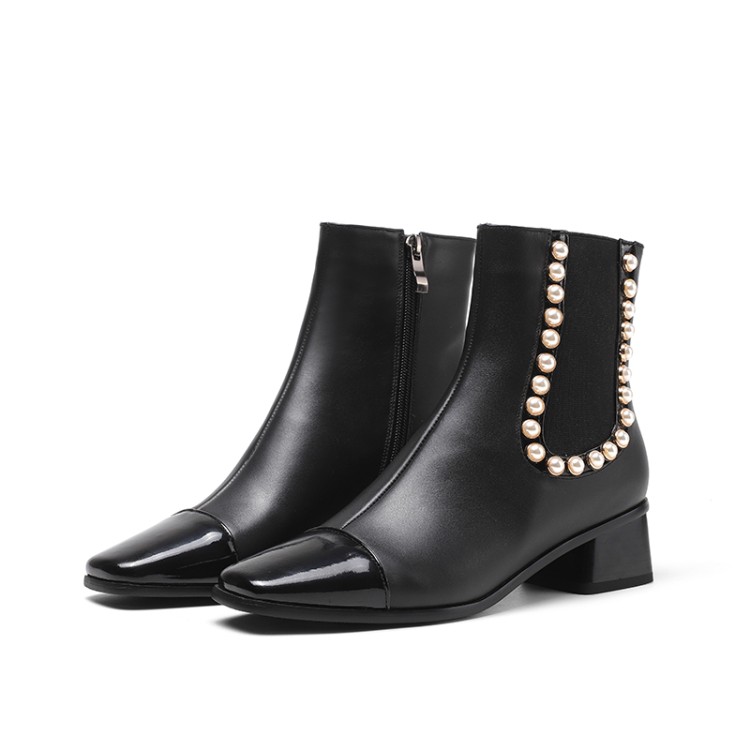 Women's Mid-Calf Fashion Boots with Square Toe and Pearl Color Block - Image 3