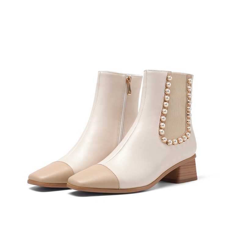 Women's Mid-Calf Fashion Boots with Square Toe and Pearl Color Block - Image 4