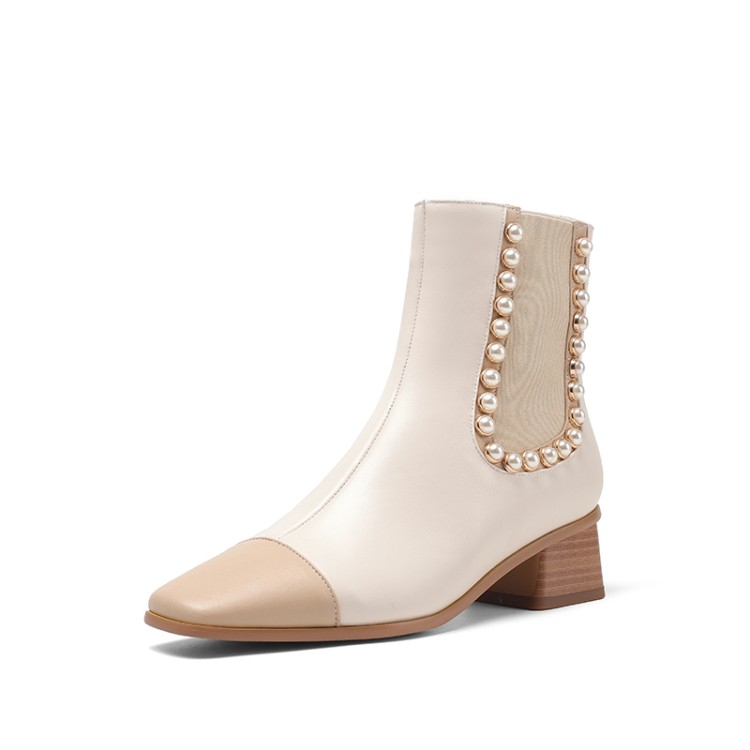 Women's Mid-Calf Fashion Boots with Square Toe and Pearl Color Block - Image 5