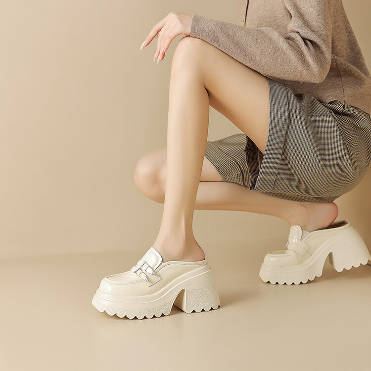 Women's Patent Leather Platform Slippers with Chunky Heel