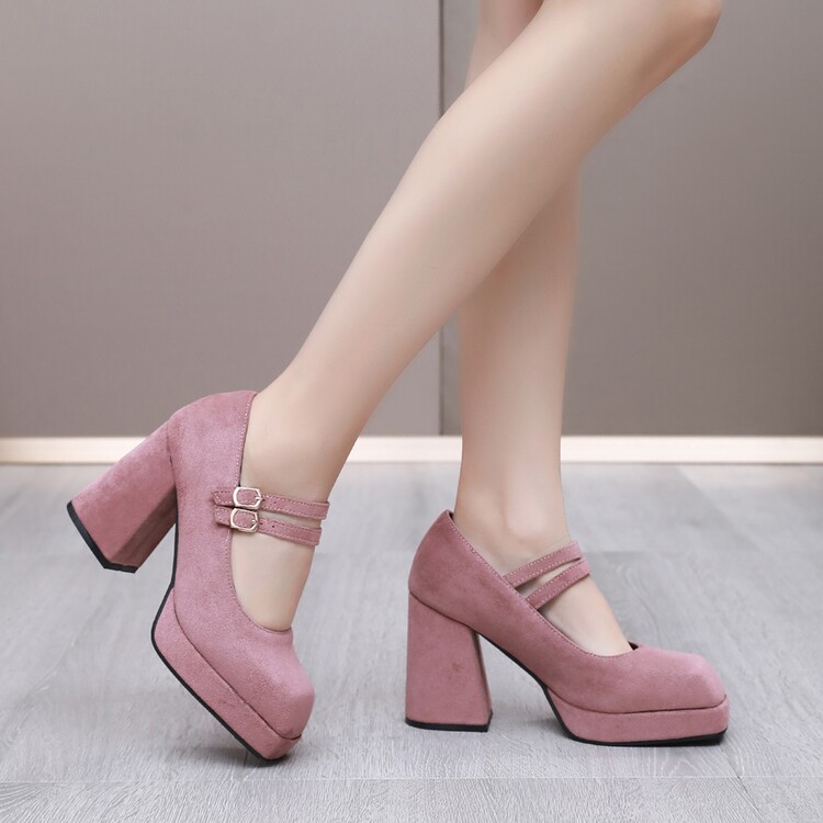 Women's Retro Mary Jane High Heel Shoes with Square Toe and Buckle Strap